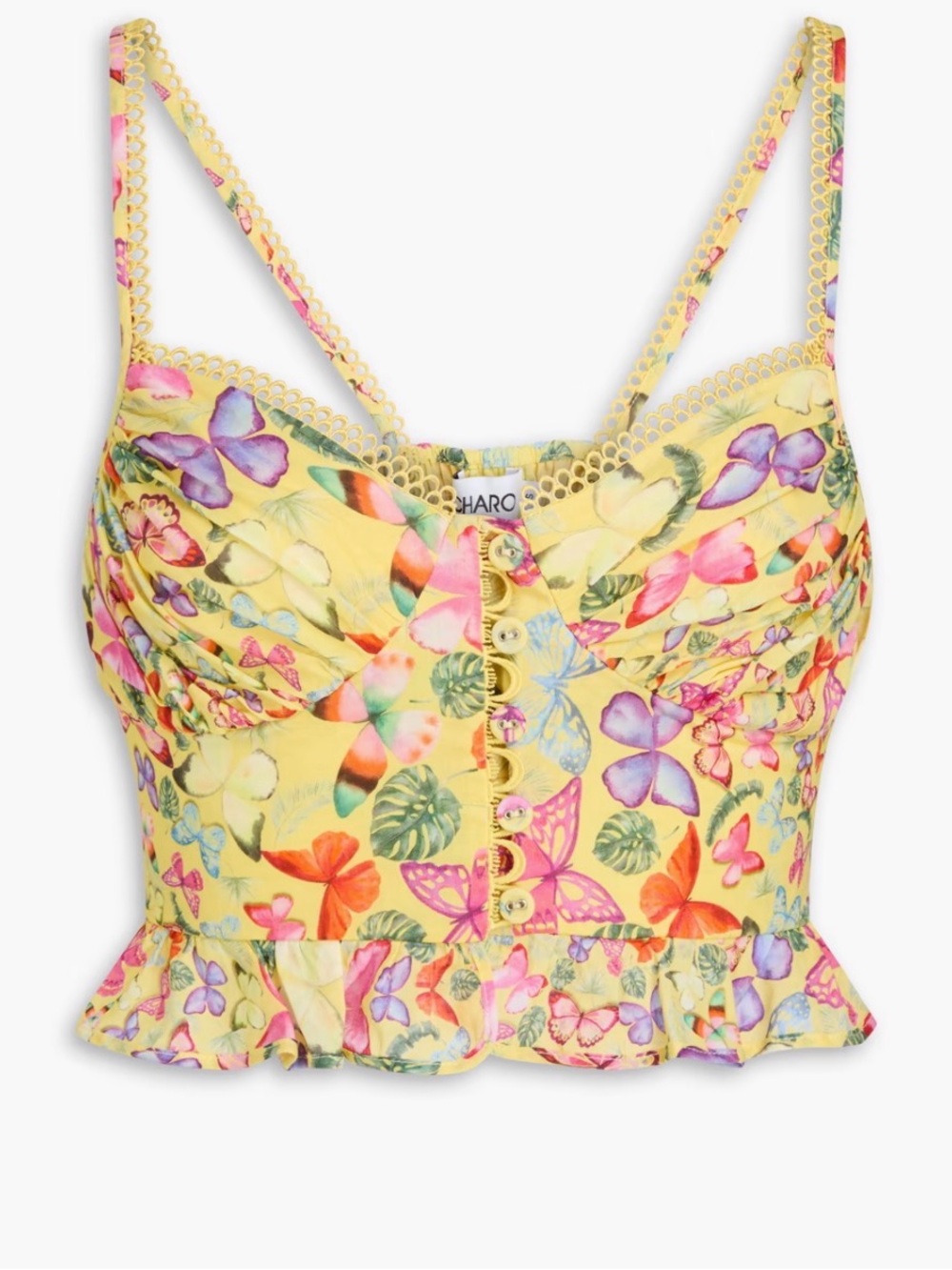 ISO Charo Ruiz Ibiza Mara Yellow Butterfly Print Button-Front Crop Top